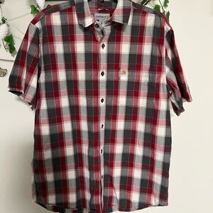 Carhartt Men's Red and Gray Plaid Button Down Shirt